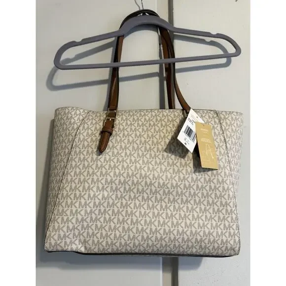 MICHAEL KORS CHARLOTTE LG 3 IN 1 TOTE SHOULDER BAG + CLUTCH MK VANILLA/BROWN - Picture 13 of 13